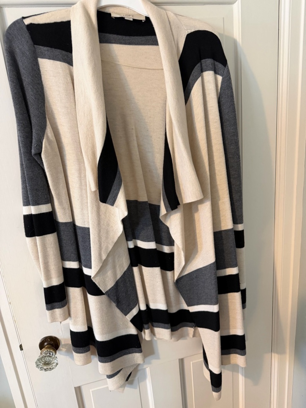 LOFT Cream, Gray & Black Striped Draped Cardigan